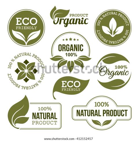 Set Green Labels Badges Leaves Organic Stock Illustration