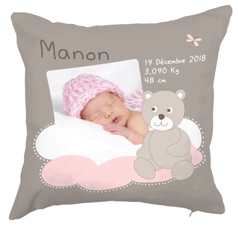 Coussin Photo Naissance Pour B B Fille Avec Ourson Et Nuage