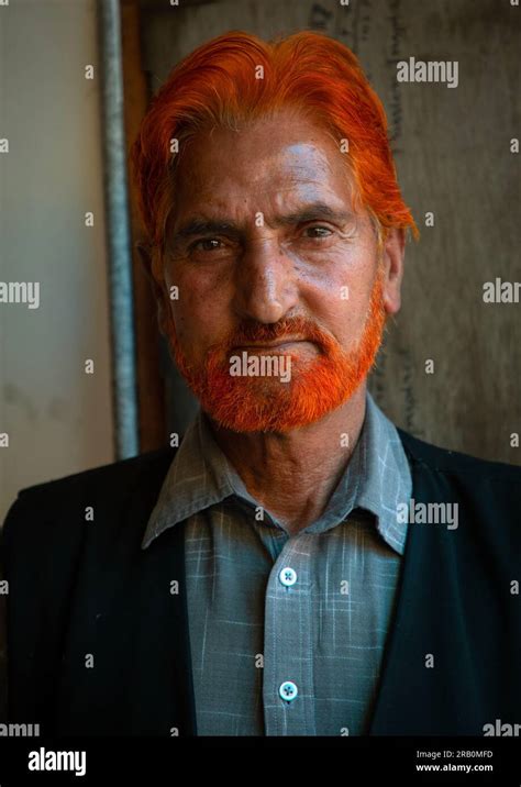 Kashmiri man with red hair and beard dyed with henna, Jammu and Kashmir ...