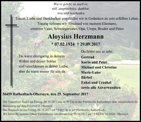 Traueranzeigen Von Aloysius Herzmann Rz Trauer De