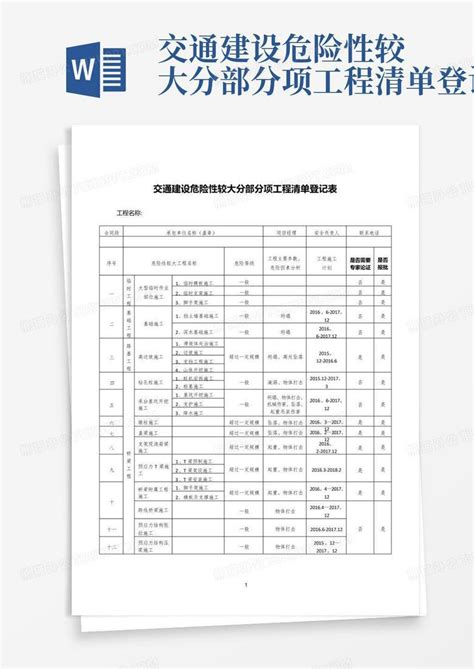 交通建设危险性较大分部分项工程清单登记表word模板下载编号lyeaxexk熊猫办公