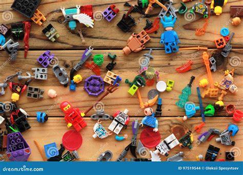 Flat Lay Of Lego Toys Scattered On The Wooden Table Editorial Stock