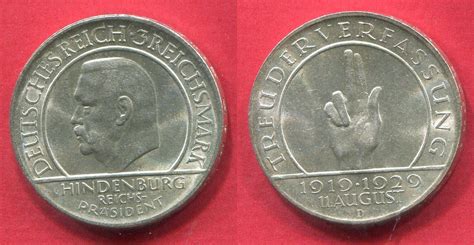 Deutschland Weimarer Republik Germany 3 Mark 1929 D 10 Jahre Weimarer