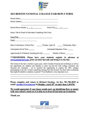 Fillable Online Nacacnet 2013 BOSTON NATIONAL COLLEGE FAIR REPLY FORM