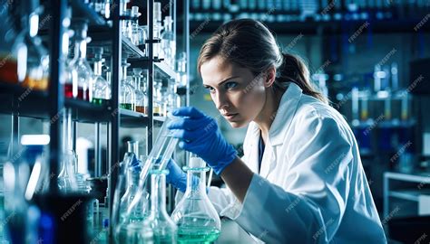 Premium Photo Female Scientist Wearing Lab Coat And Gloves Carefully Conducts An Experiment In