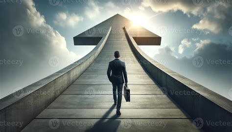 Businessman walking towards an upward arrow in the sky, symbolizing