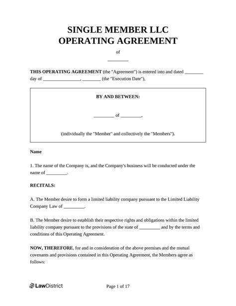 Single Member LLC Operating Agreement PDF LawDistrict