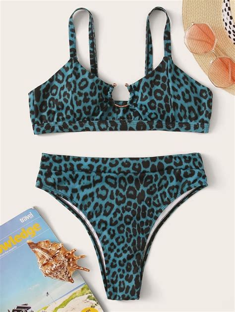 Set De Bikini De Cintura Alta Top De Leopardo Moda De Mujer SHEIN