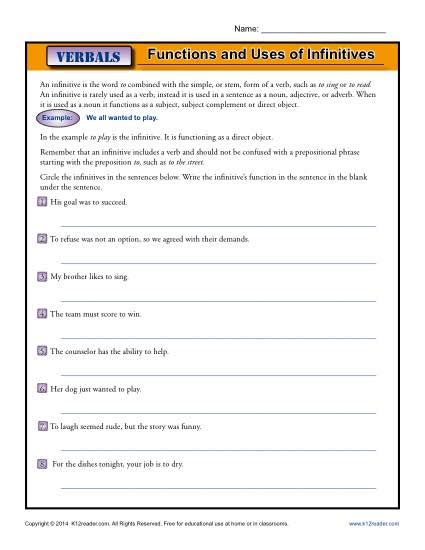 Functions And Uses Of Infinitives Verbals Worksheets