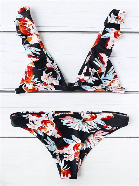 Shop Flower Print Ruffle Strap Triangle Bikini Set Online Shein Offers