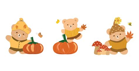 Vector - Cute set of Teddy bear with pumpkin, mushroom, maple leaves ...