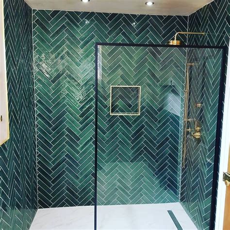 Green Bathroom Tile Herringbone Brass Shower Fixtures Wetroom Base