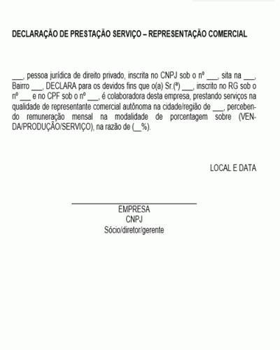 Termo Padrão de Declaração Prestação de Serviços por Representante