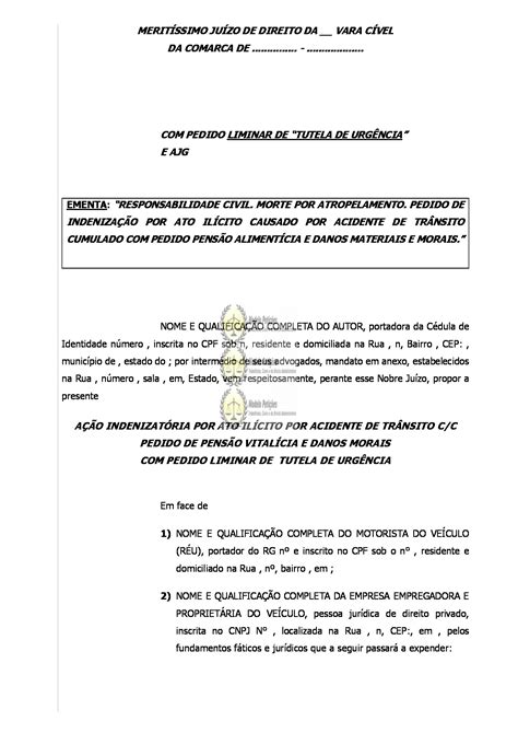 Inicial Ação De Responsabilidade Civil Por Morte Em Atropelamento