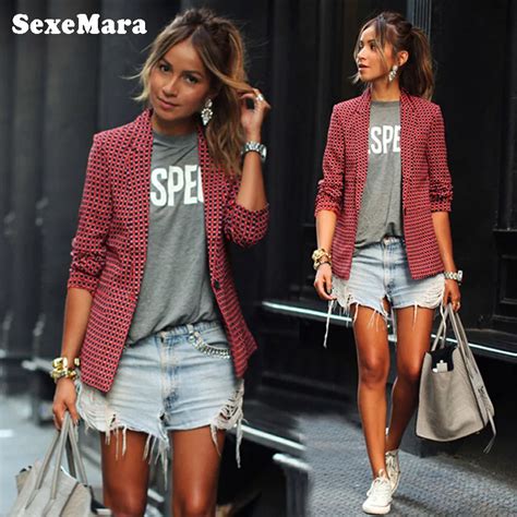 Sexemara Women Blazers And Jackets Red Plaid Blazer Women Blazer Coat Casual One Button Outerwear