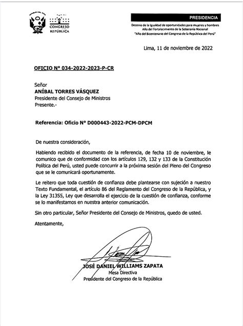 José Williams Informa A Aníbal Torres Que Será Recibido En La Próxima Sesión Del Pleno Del