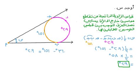 فيديو السؤال إيجاد قياس زاوية بمعلومية قياس قوس باستخدام خواص مماسات