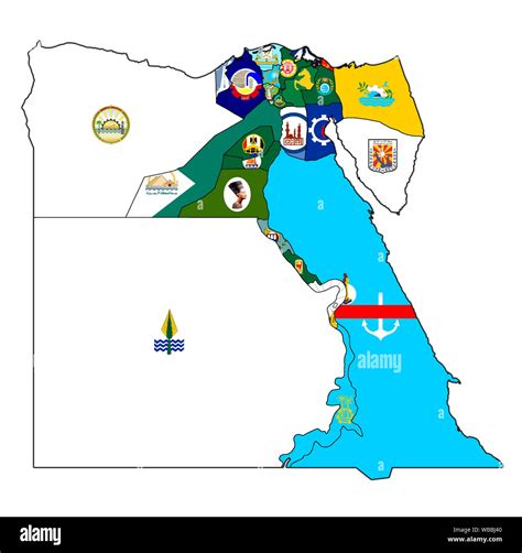 Territories And Flags Of Egyptian Governorates On Map Of Administrative