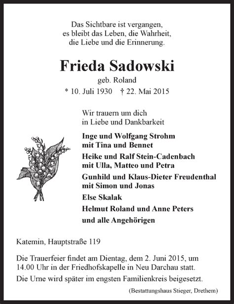 Traueranzeigen von Frieda Sadowski Trauer Lüneburg de