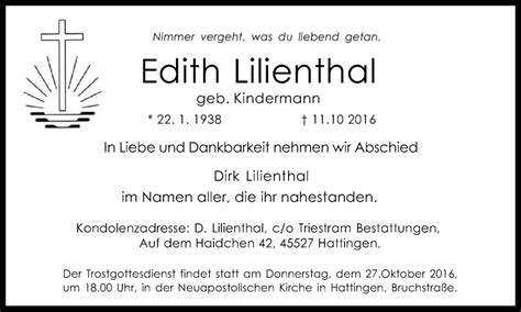 Traueranzeigen Von Edith Lilienthal Trauer In Nrw De