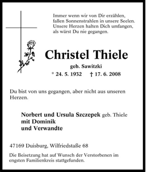 Traueranzeigen Von Christel Thiele Trauer In Nrw De