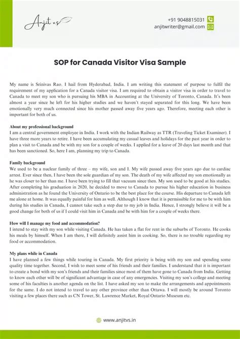 Purpose Of Travel Canada Visitor Visa Sample Letter For Spou