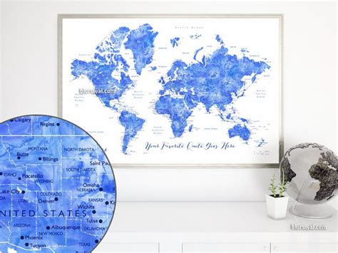 Custom Quote Blue Watercolor World Map With Cities Capitals