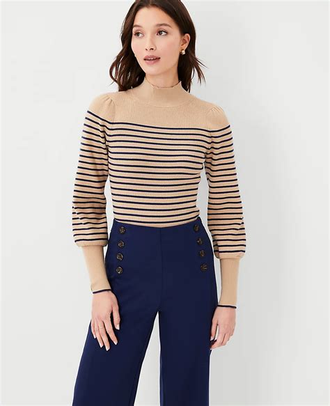 Striped Puff Sleeve Mock Neck Sweater