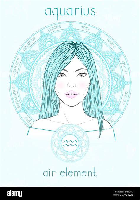 Vector Illustration Of Aquarius Zodiac Sign Portrait Beautiful Girl