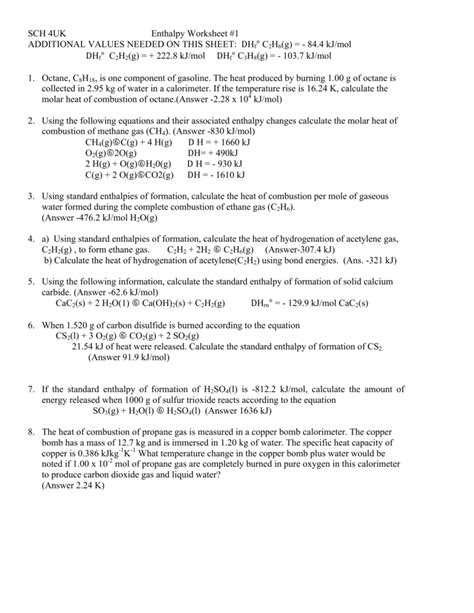 Enthalpy Worksheet - Printable Word Searches