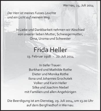 Traueranzeigen Von Frida Heller Zeit Des Gedenkens De