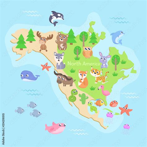 Map of North America with cartoon animals. Flat design. Stock Vector ...