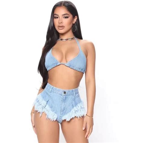 Women S Denim Bikini Set With Jeans Shorts And Bra For Beach Play And