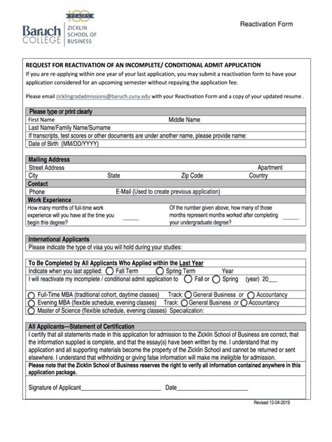 Fillable Online Zicklin Baruch Cuny Reactivation Form Request For