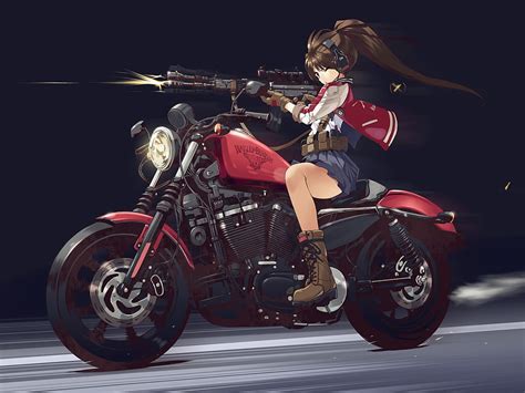 Girl On A Bike With A Gun Anime Girl On Bike Anime Biker Girl Hd