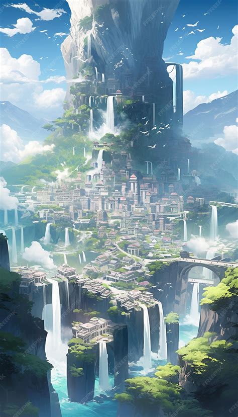 Premium Photo | Anime scenery of a waterfall and a city with a ...