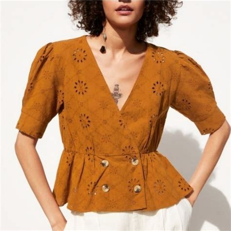 Zara Tops New Zara Laser Cut Eyelet Puff Sleeve Peplum Top Xl