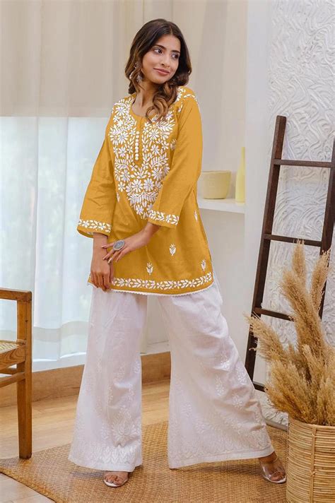 LATEST RAYON CHICKENKARI WITH EMBROIDERY WORK KURTI WITH PALAZZO YELLOW