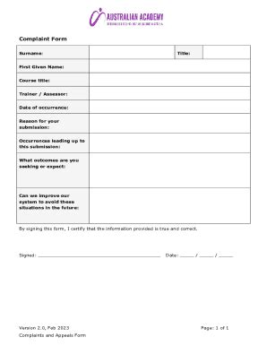 Fillable Online RTO COMPLAINTS AND APPEALS FORM Fax Email Print PdfFiller