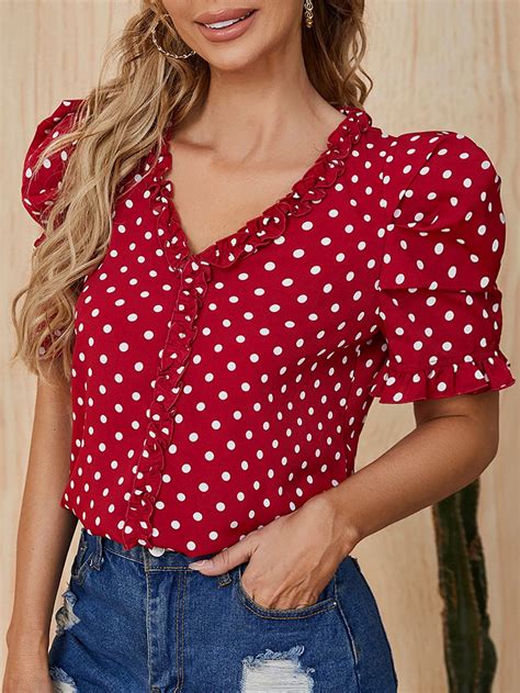 Polka Dot Ruffle Trim Blouse Artofit