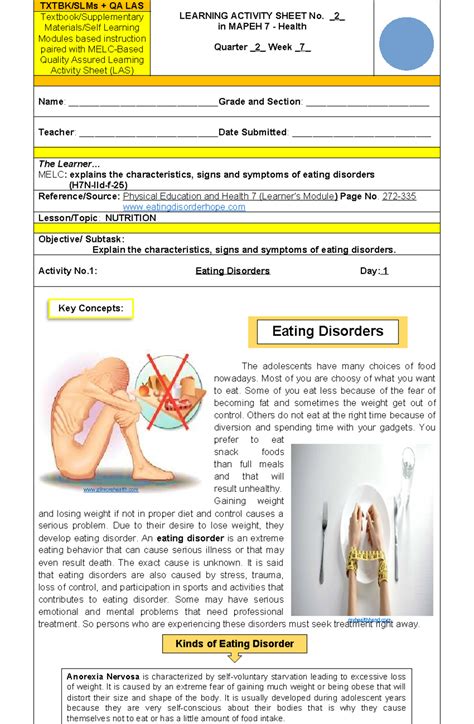 Q2 Health 7 Las W7 Learners Activity Sheets 1 Txtbk Slms Qa Las