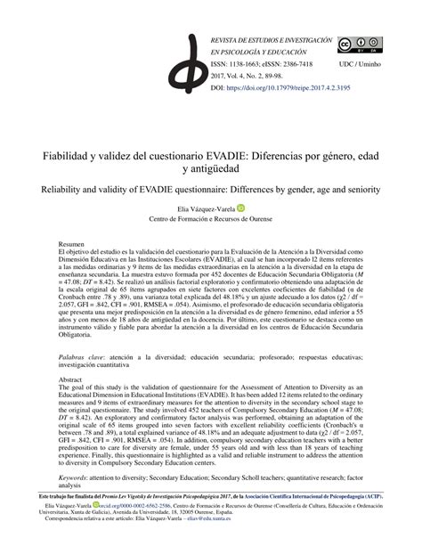 Pdf Fiabilidad Y Validez Del Cuestionario Evadie Diferencias Por