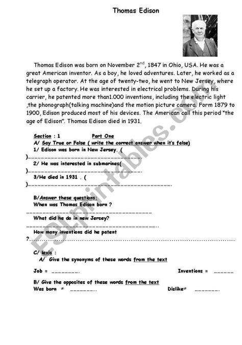 Thomas Edison Esl Worksheetmrfateh Thomas Edison Printable