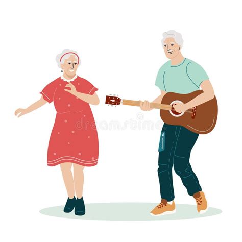 Active Old People Dancing Grandfather With The Guitar Elderly Couple Spends Time Outdoors