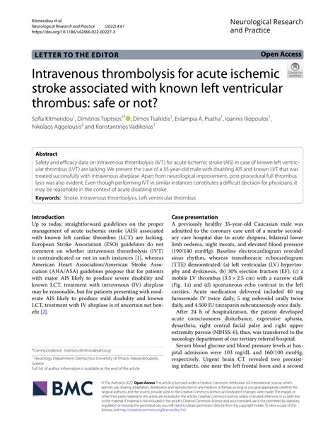 Pdf Intravenous Thrombolysis For Acute Ischemic Stroke Associated With Known Left Ventricular