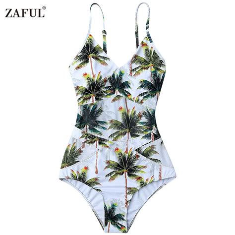 One Piece Bikini Swimwear Women Plant Elastic Spaghetti Strap Coco Palm