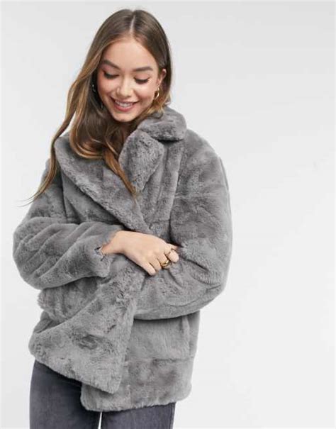 New Look Faux Fur Coat In Grey Asos