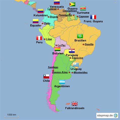 StepMap Südamaerika Länder und Hauptstädte Landkarte für Südamerika