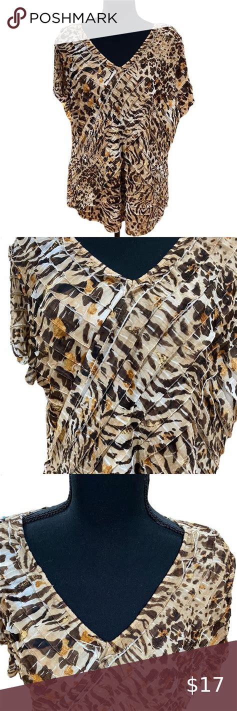 Alfred Dunner Ruffled Cheetah Top Size Petite Large Polyester Spandex