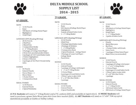2014 Delta CO Middle School Back to School Supply List and Information